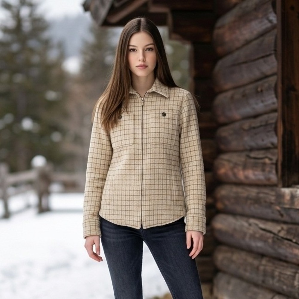 Lauren Ralph Lauren Full Zip Wool Shirt Coat Cream Plaid Preppy Equestrian Fall